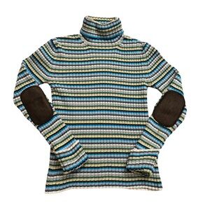 Vintage 90s GAP Striped Turtleneck Sweater Leather Elbow Patch Cotton Size XS